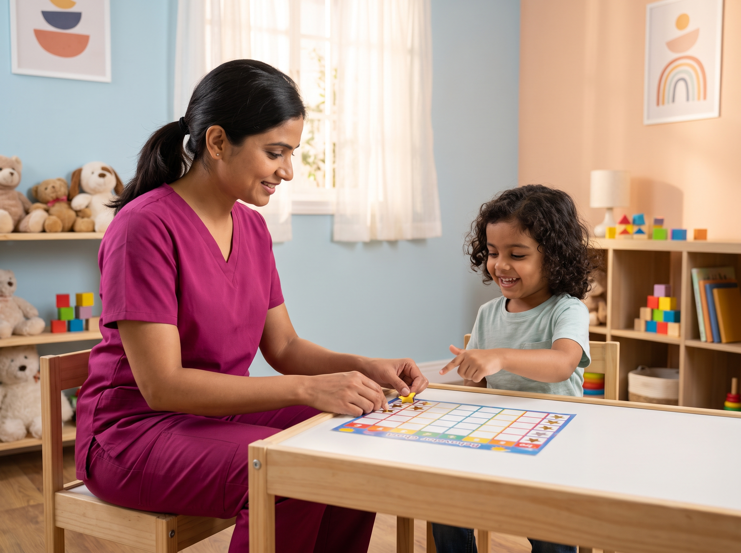 Therapist using a star reward chart with a smiling child during a positive-reinforcement session at Beyond Child Development Centre