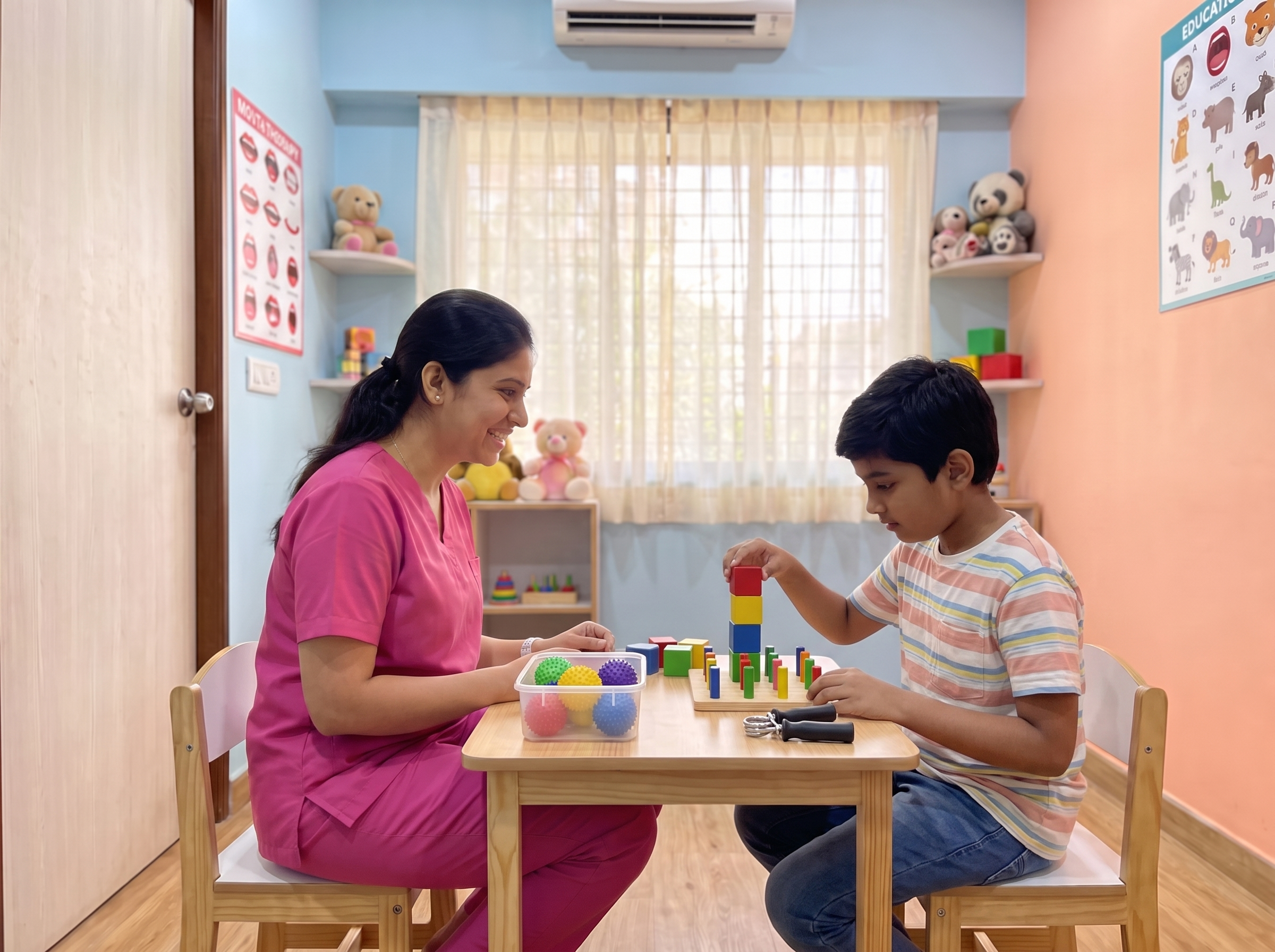 Occupational therapist guiding a child through fine-motor and coordination activities at Beyond Child Development Centre