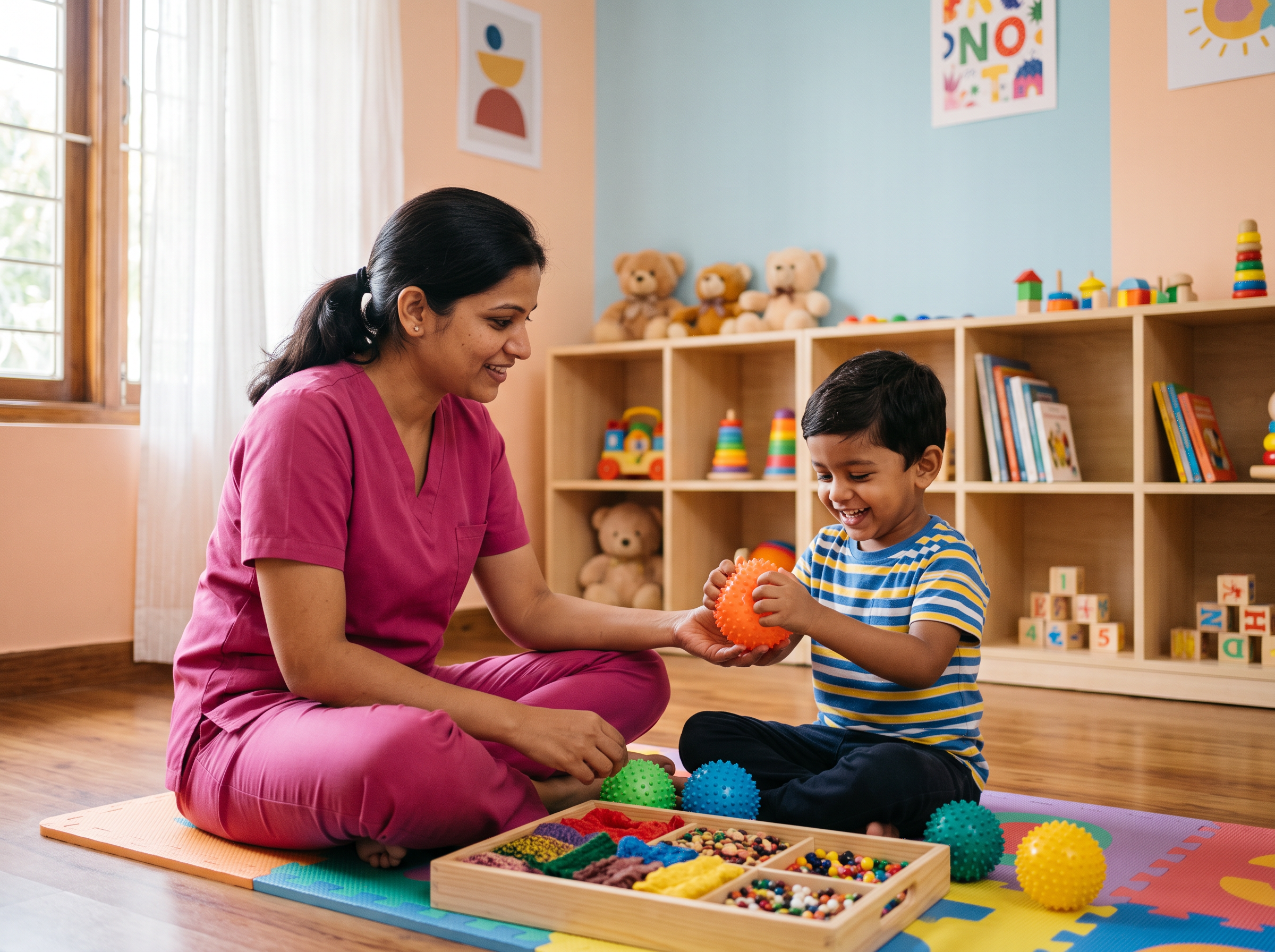 Therapist guiding a child through a tactile sensory-integration activity with textured sensory balls at Beyond Child Development Centre