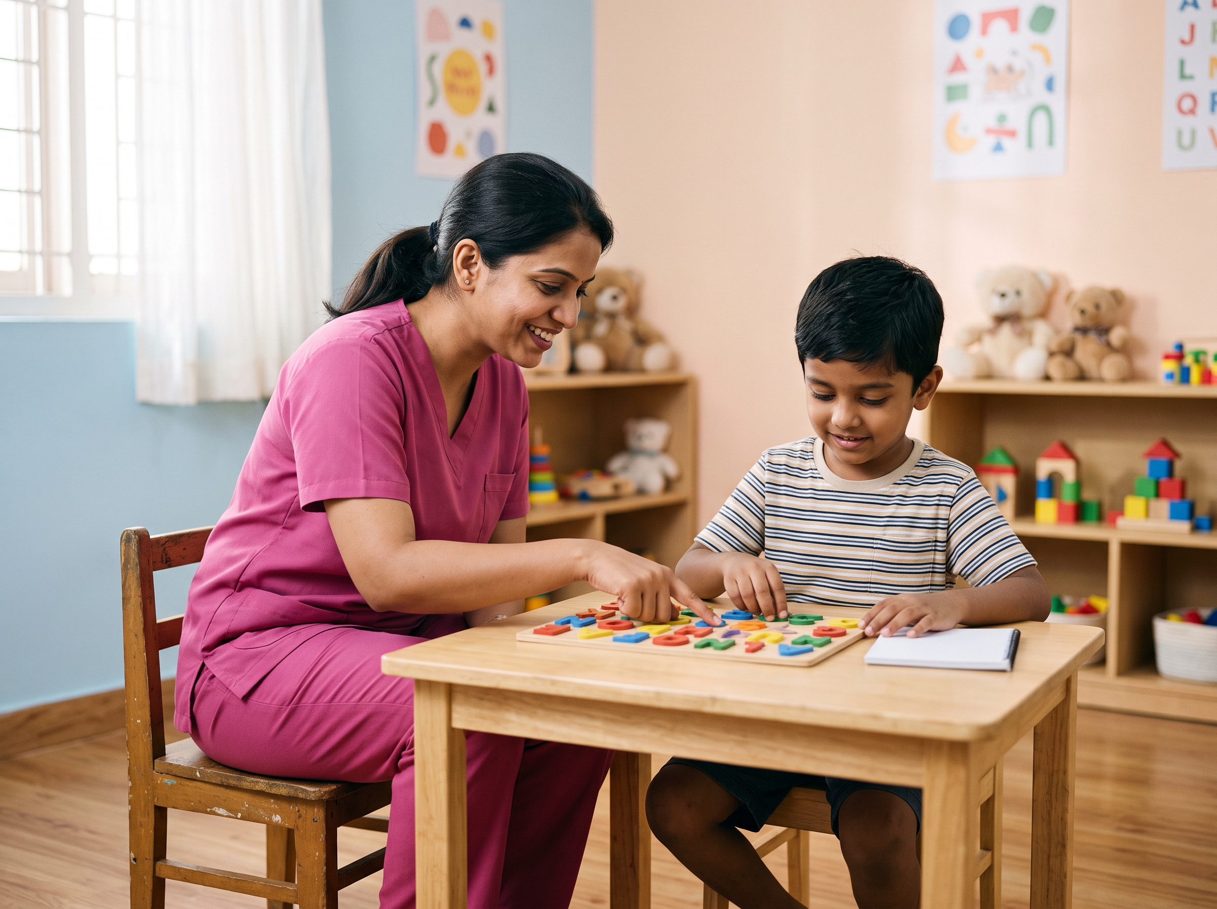 Educator teaching a child with colourful wooden alphabet tiles during an individualised special-education session at Beyond Child Development Centre